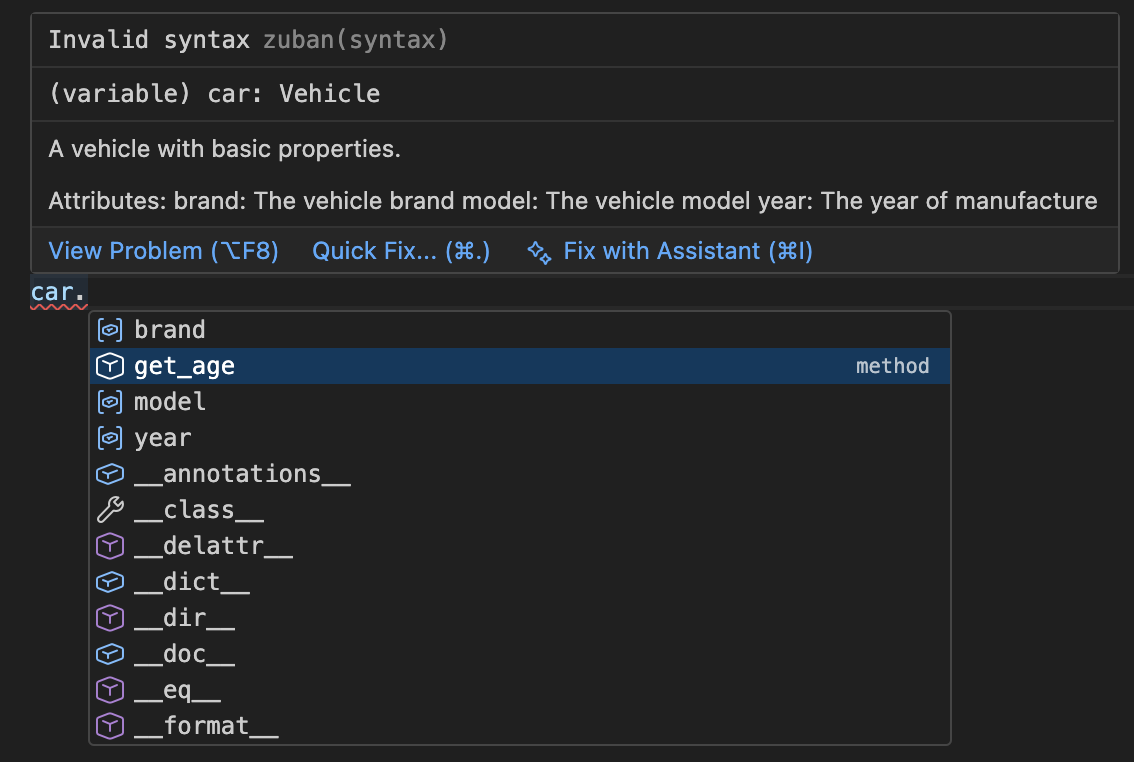 Extra hover docs from the class docstring; syntax diagnostic